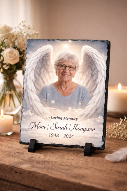 Memorial Photo Slate with Angel Wings • Personalized Remembrance Gift • Custom In Loving Memory Plaque • Photo Tribute Slate • Sympathy Gift