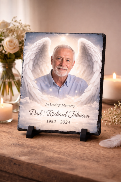 Memorial Photo Slate with Angel Wings • Personalized Remembrance Gift • Custom In Loving Memory Plaque • Photo Tribute Slate • Sympathy Gift