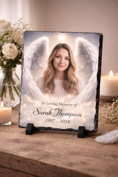 Memorial Photo Slate with Angel Wings • Personalized Remembrance Gift • Custom In Loving Memory Plaque • Photo Tribute Slate • Sympathy Gift