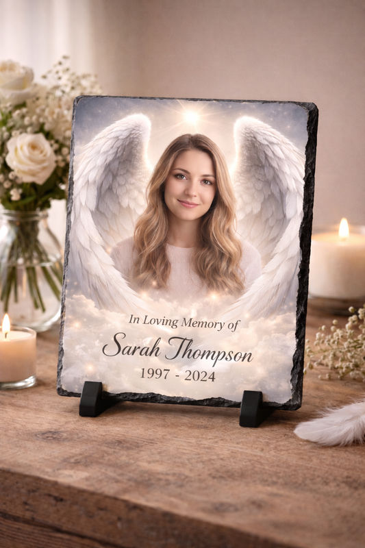 Memorial Photo Slate with Angel Wings • Personalized Remembrance Gift • Custom In Loving Memory Plaque • Photo Tribute Slate • Sympathy Gift