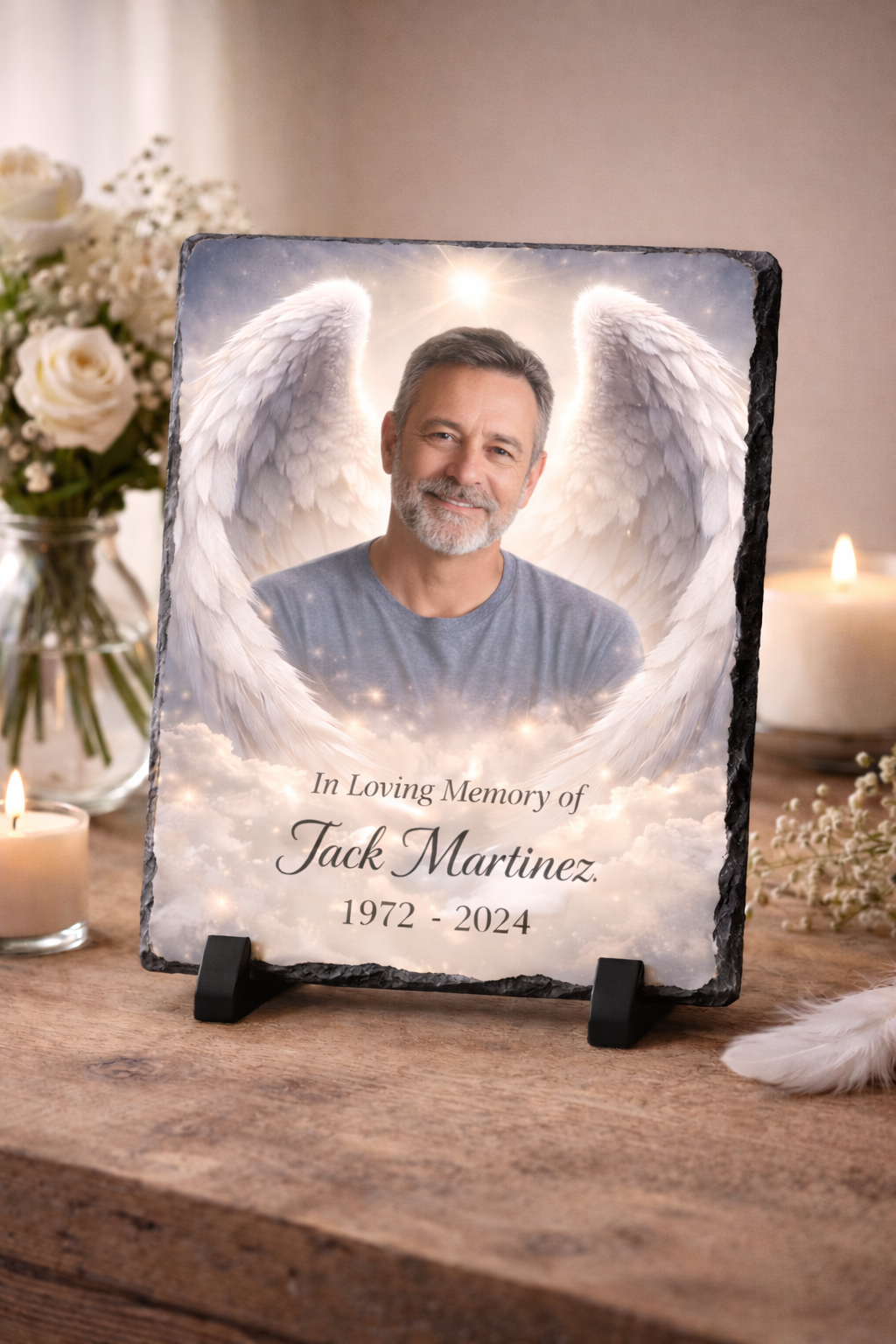 Memorial Photo Slate with Angel Wings • Personalized Remembrance Gift • Custom In Loving Memory Plaque • Photo Tribute Slate • Sympathy Gift