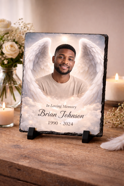 Memorial Photo Slate with Angel Wings • Personalized Remembrance Gift • Custom In Loving Memory Plaque • Photo Tribute Slate • Sympathy Gift